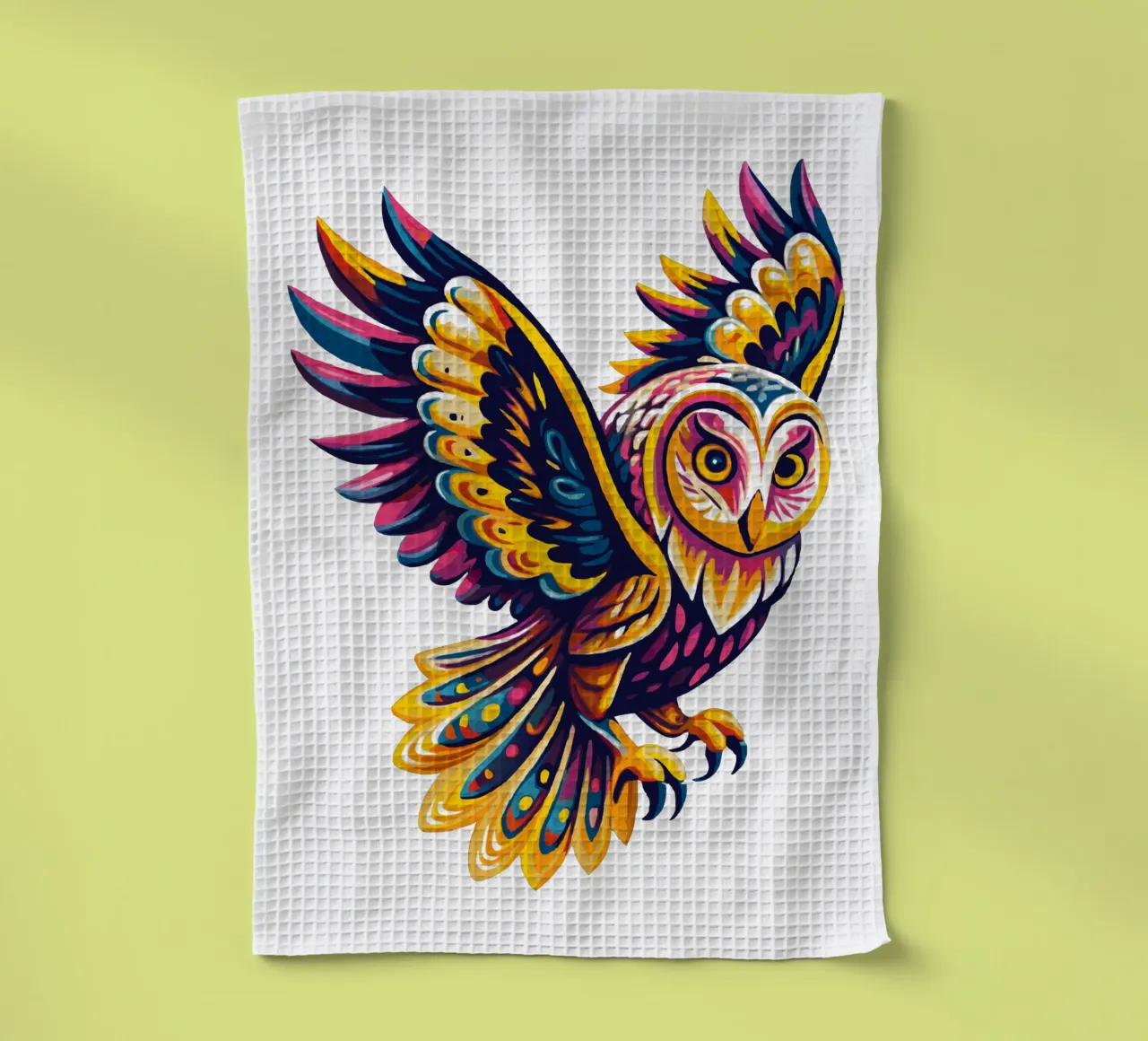 Chouette psychédélique colorée - Illustration d'oiseau Boho vibrante torchon de Artnesia