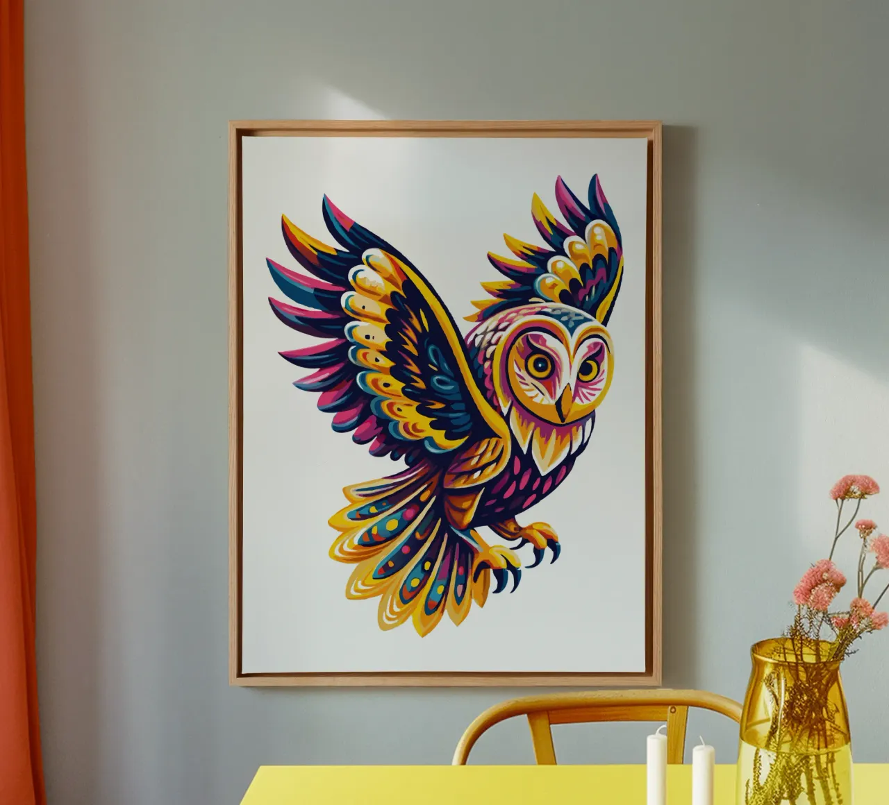 Arte del gufo psichedelico colorato - Illustrazione vivace di uccelli Boho tela con Cornice a cassetta da Artnesia