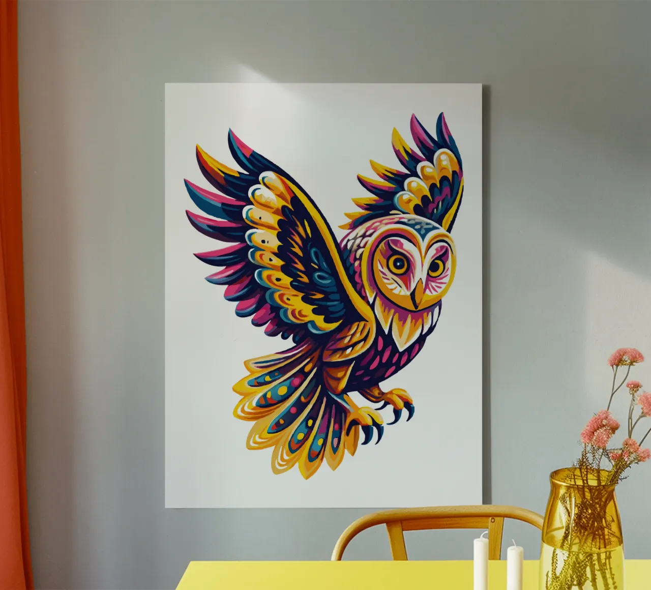 Arte del gufo psichedelico colorato - Illustrazione vivace di uccelli Boho tela con Cornice a cassetta da Artnesia