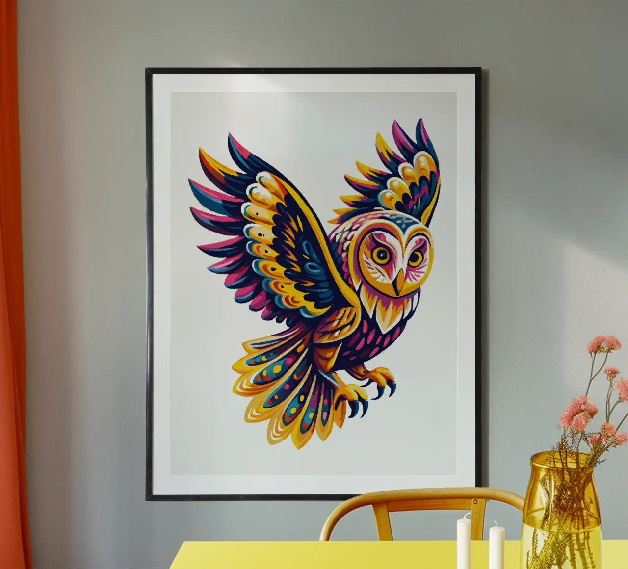 Arte del gufo psichedelico colorato - Illustrazione vivace di uccelli Boho carta hahnemühle da Artnesia