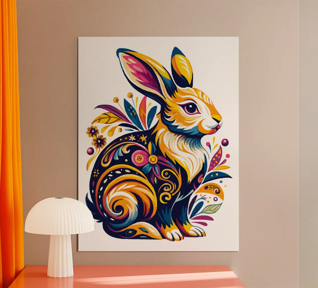 Illustrazione floreale psichedelica di coniglio - Animale vibrante Boho poster con telaio in legno da Artnesia