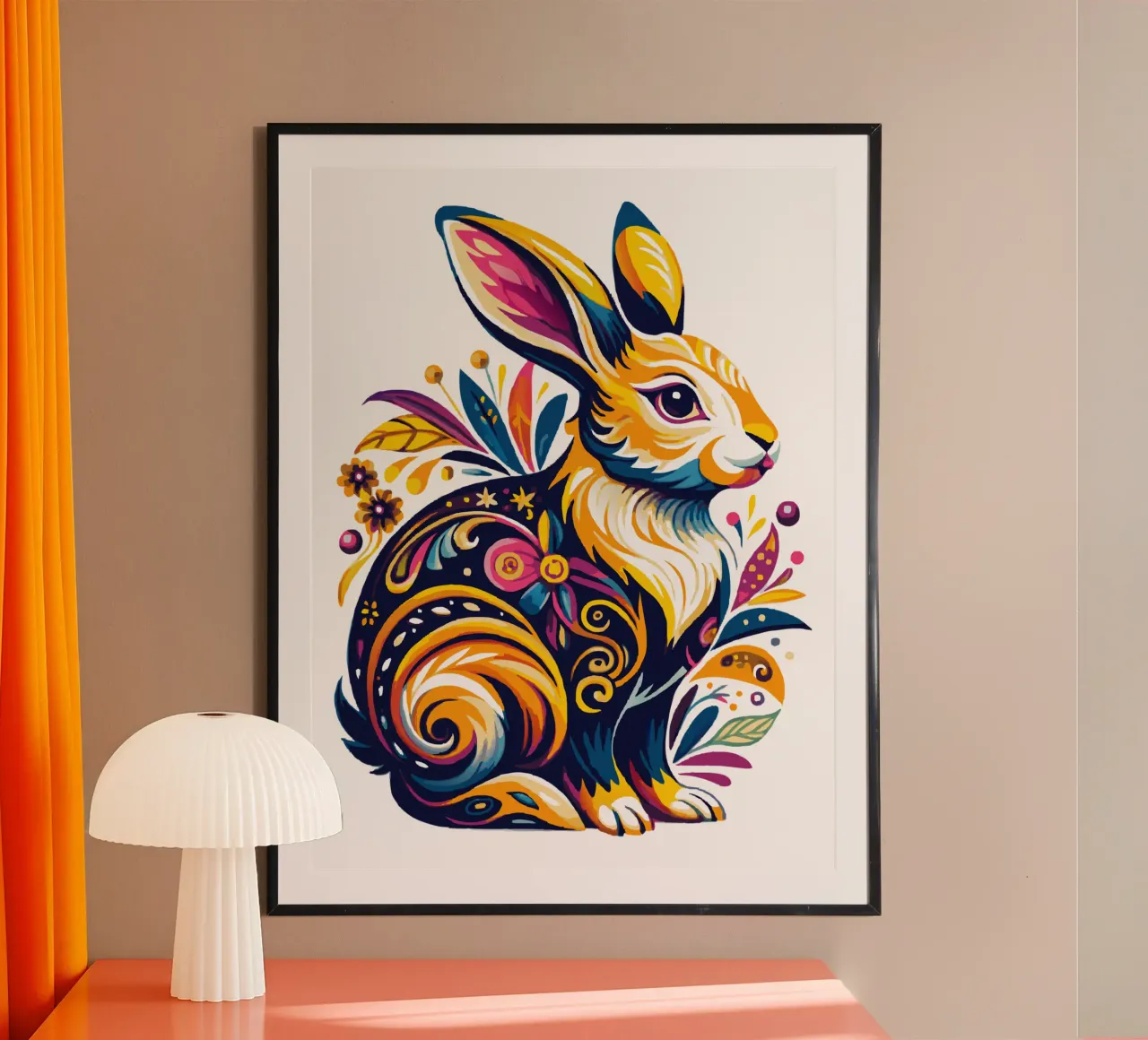 Illustrazione floreale psichedelica di coniglio - Animale vibrante Boho poster con telaio in legno da Artnesia