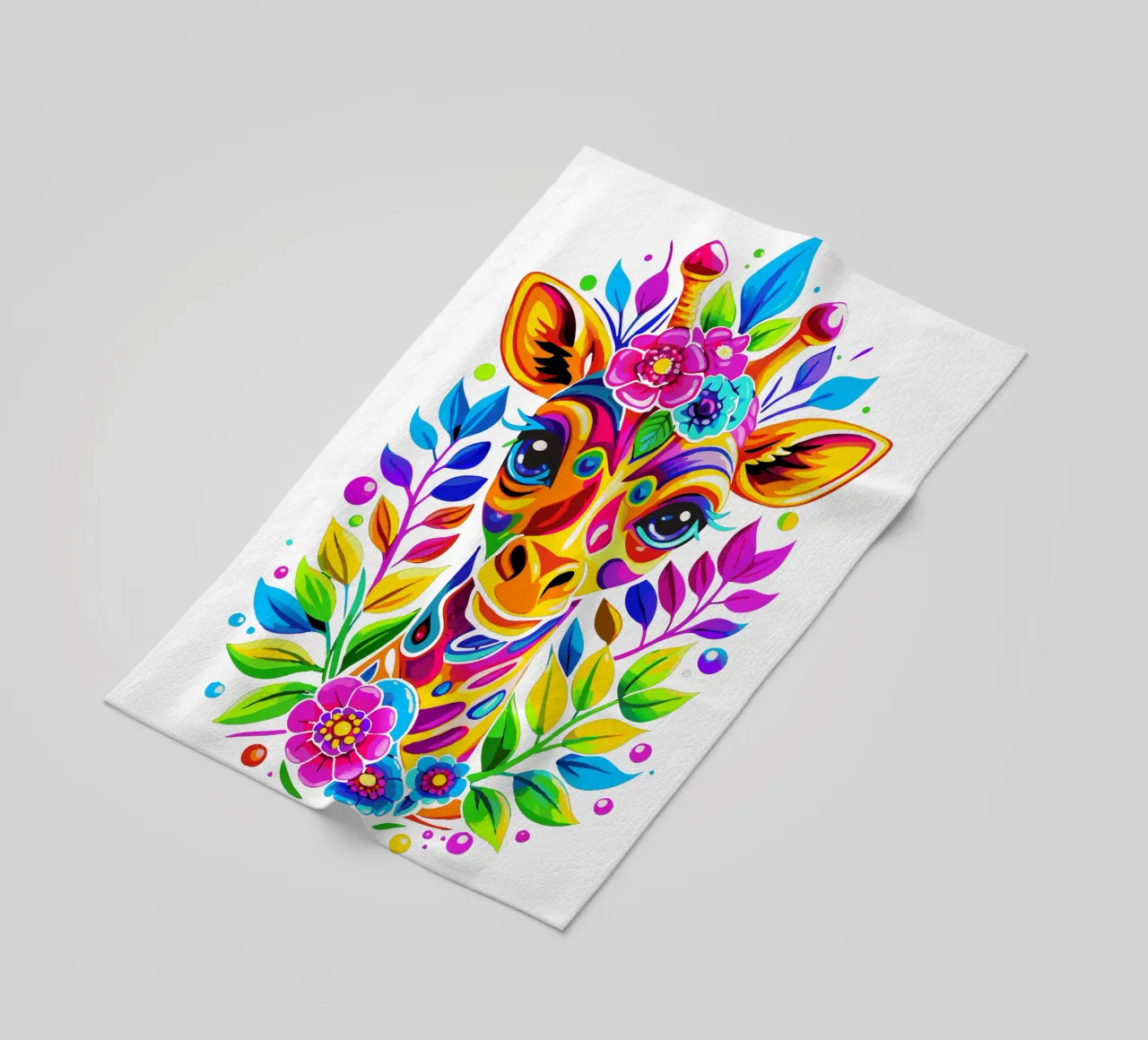Giraffa carina floreale - Giraffa colorata e vivace telo mare da Artnesia