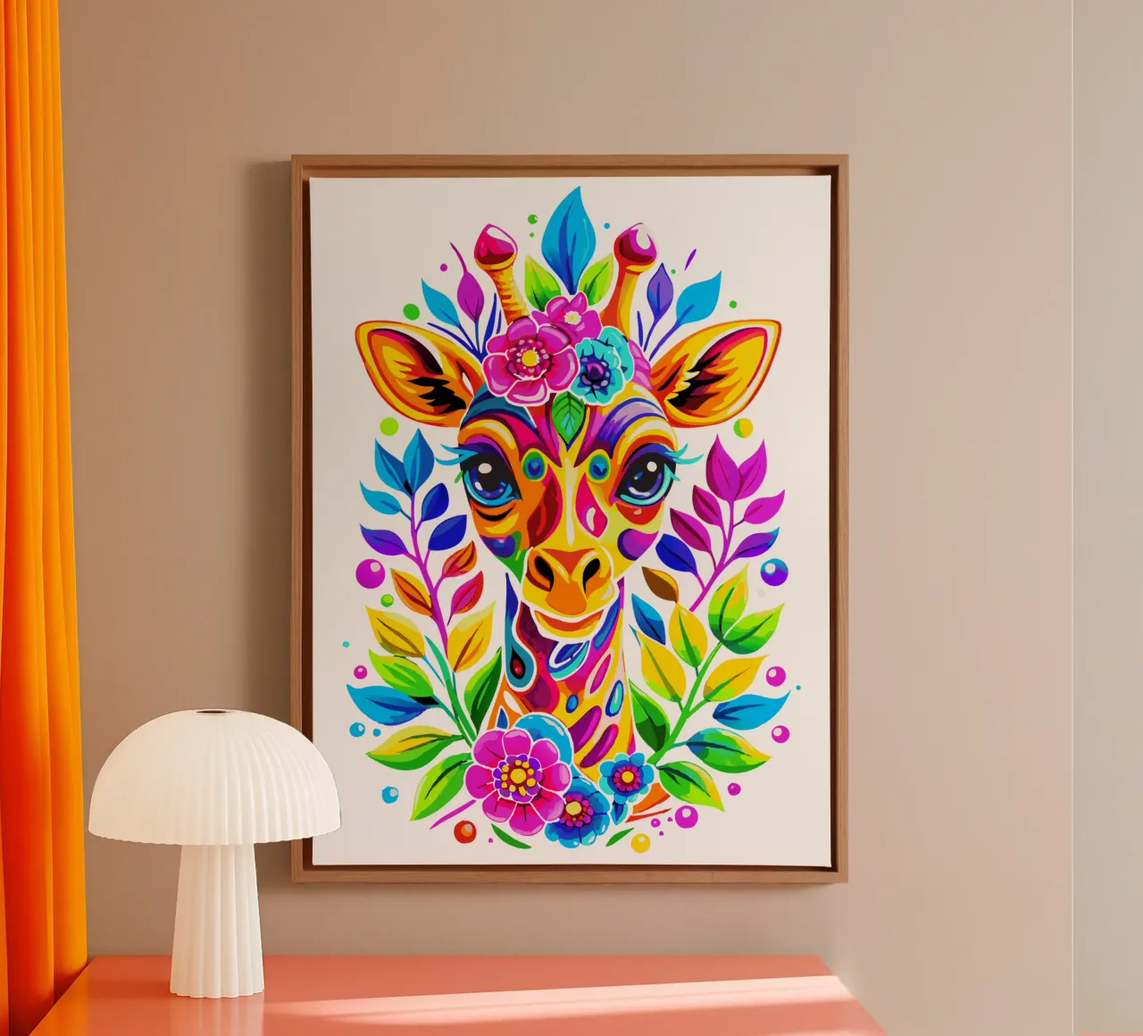 Floral Cute Giraffe - Colorful and Vibrant Giraffe canvas with Floater frame by Artnesia