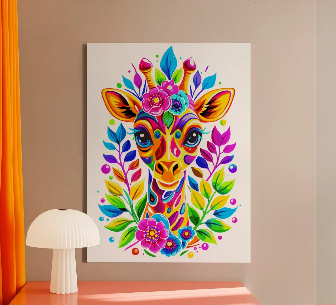Floral Cute Giraffe - Colorful and Vibrant Giraffe canvas with Floater frame by Artnesia