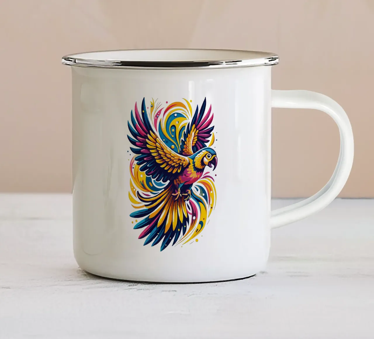 Fly Parrot Colori vivaci tazza in smalto da Artnesia