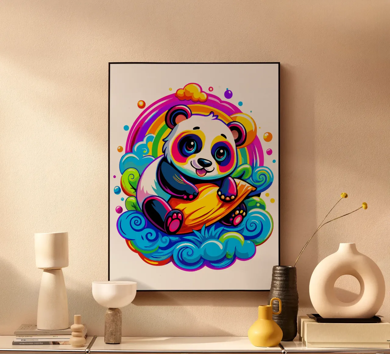 Panda carino che abbraccia un cuscino su una nuvola alluminio dibond da Artnesia