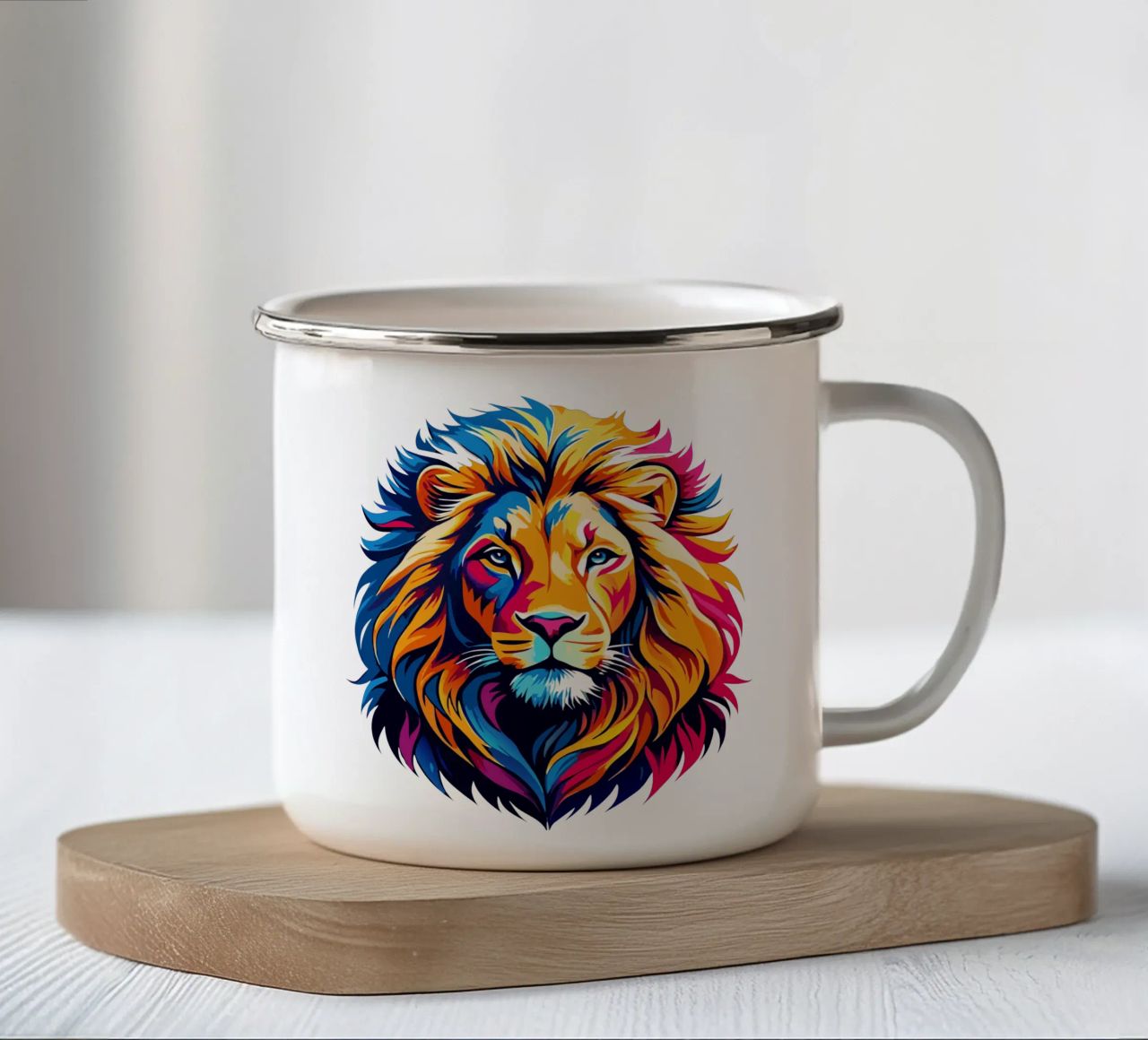 Leeuwenkoning hoofd levendige kleuren emaille mok van Artnesia