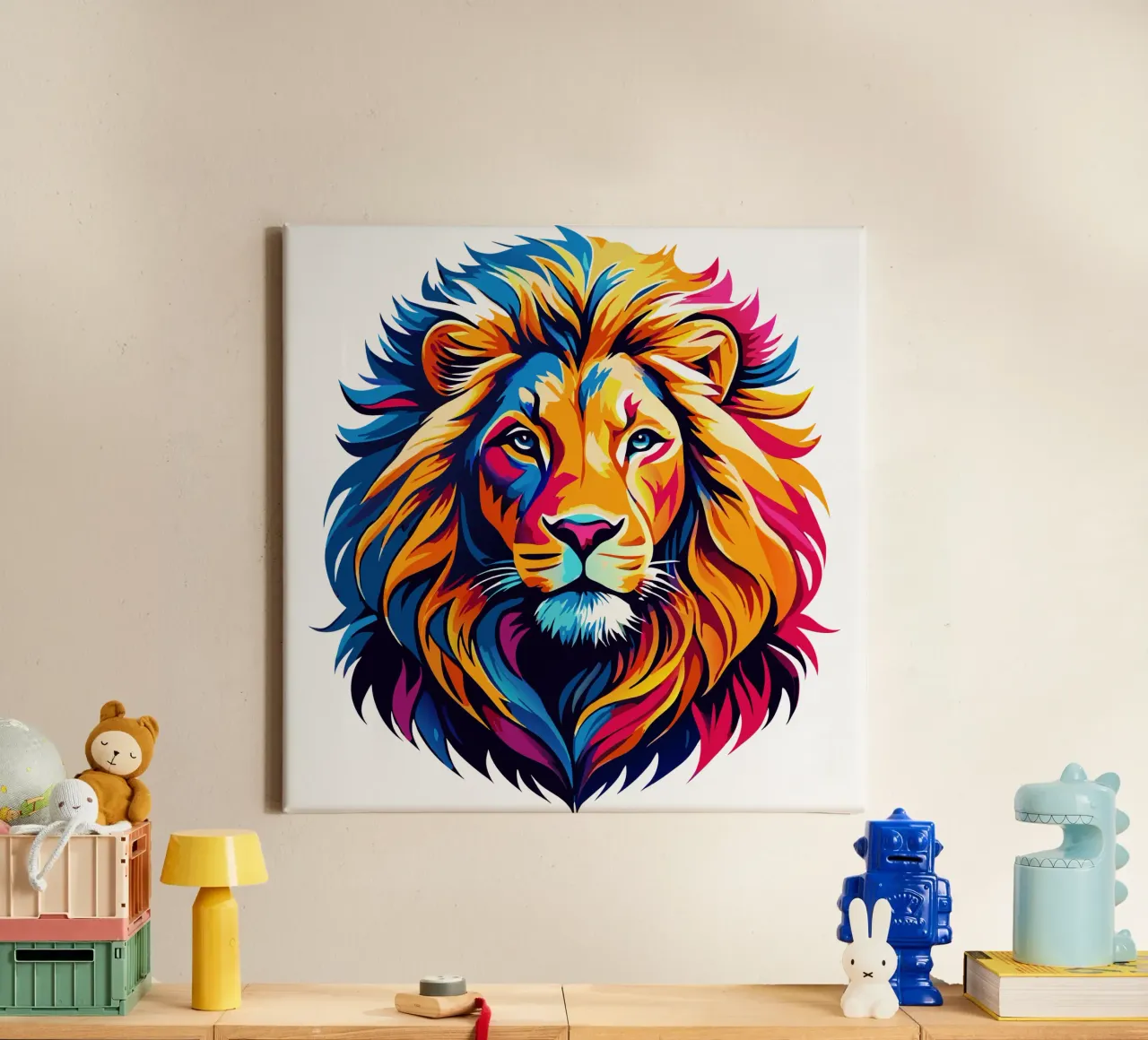 Leeuwenkoning hoofd levendige kleuren canvas van Artnesia
