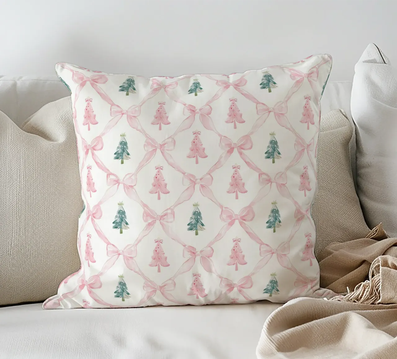 Coquette Estetica Alberi di Natale rosa con fiocchi rosa Y2K cuscino da Gentle Echoes Art