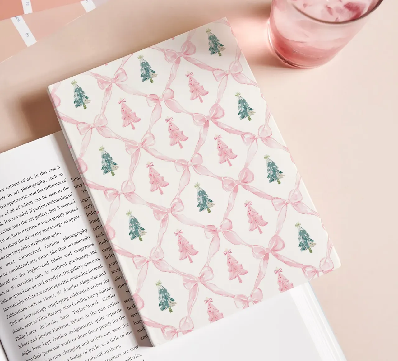 Coquette Aesthetic Pink Christmas Trees with Pink Bows Y2K notebook by Gentle Echoes Art