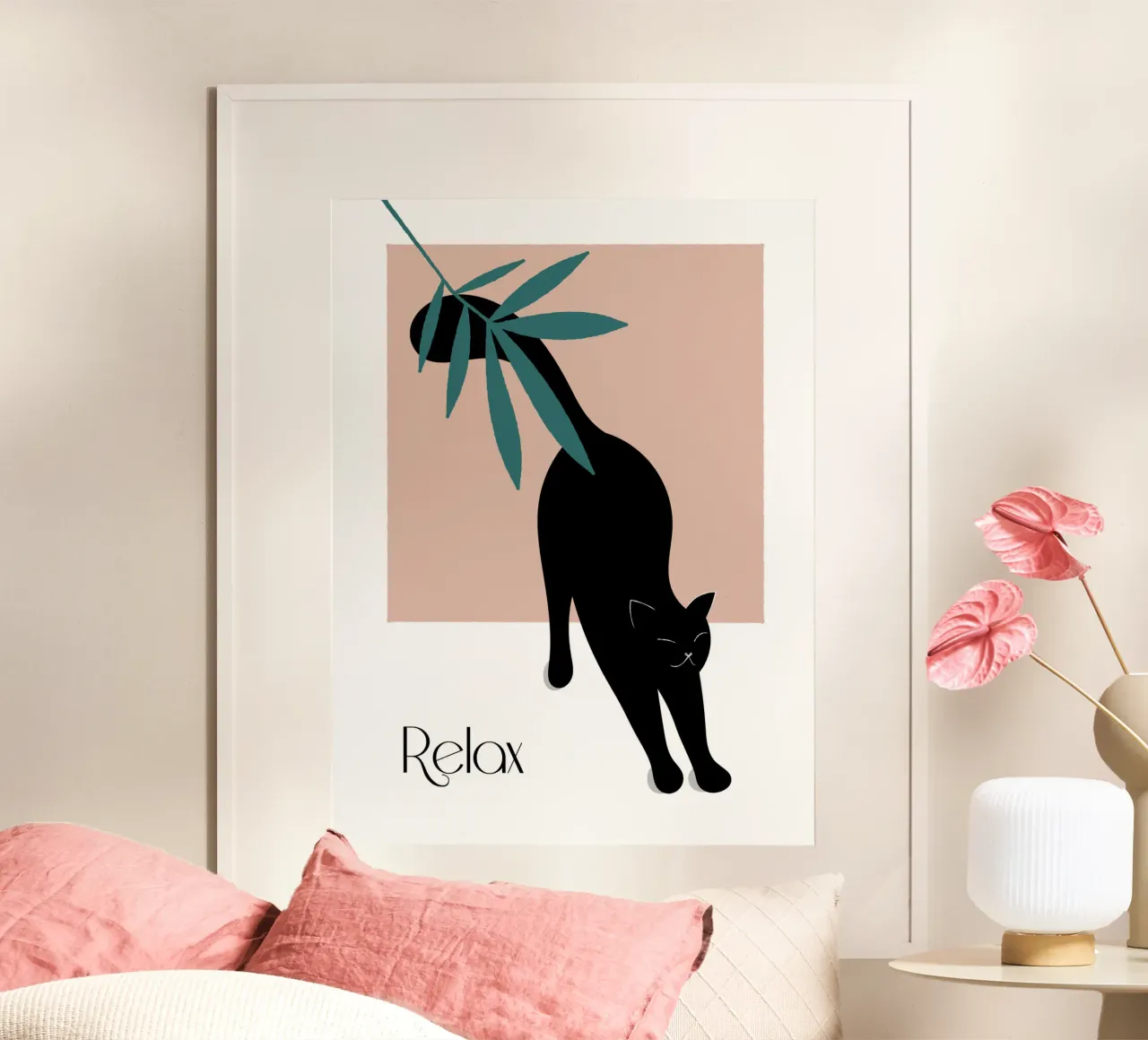 Relax Black Cat poster con telaio in legno da natural neutral