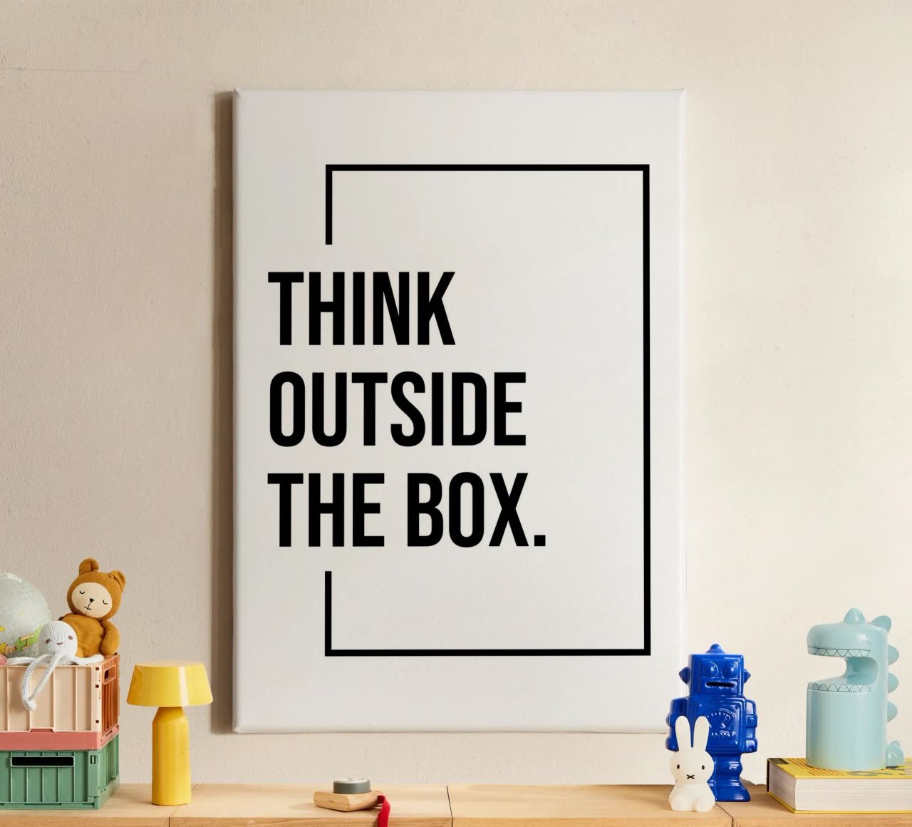 Think outside the box quote canvas by Paigaam Studio