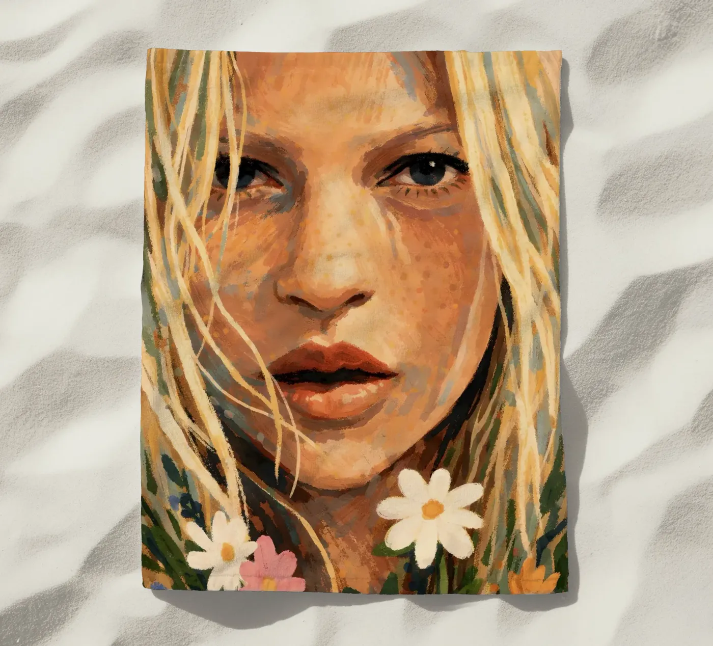 DONNA SERENA CON FIORI DI CAMPO telo mare da ARTOMATIC