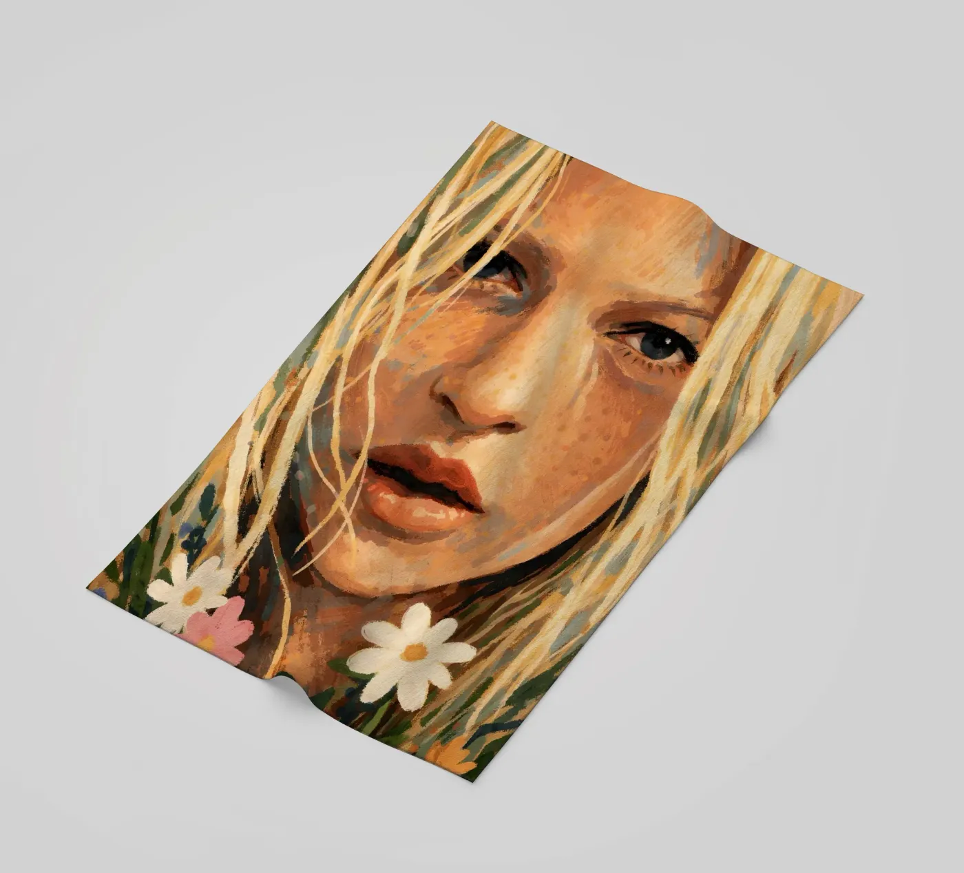 DONNA SERENA CON FIORI DI CAMPO telo mare da ARTOMATIC