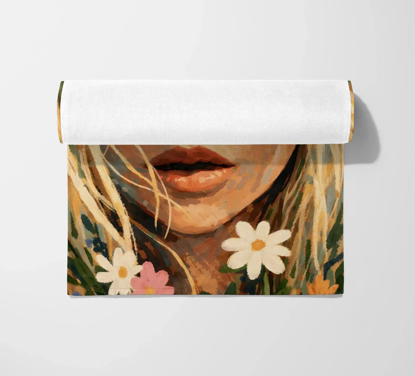 DONNA SERENA CON FIORI DI CAMPO telo mare da ARTOMATIC