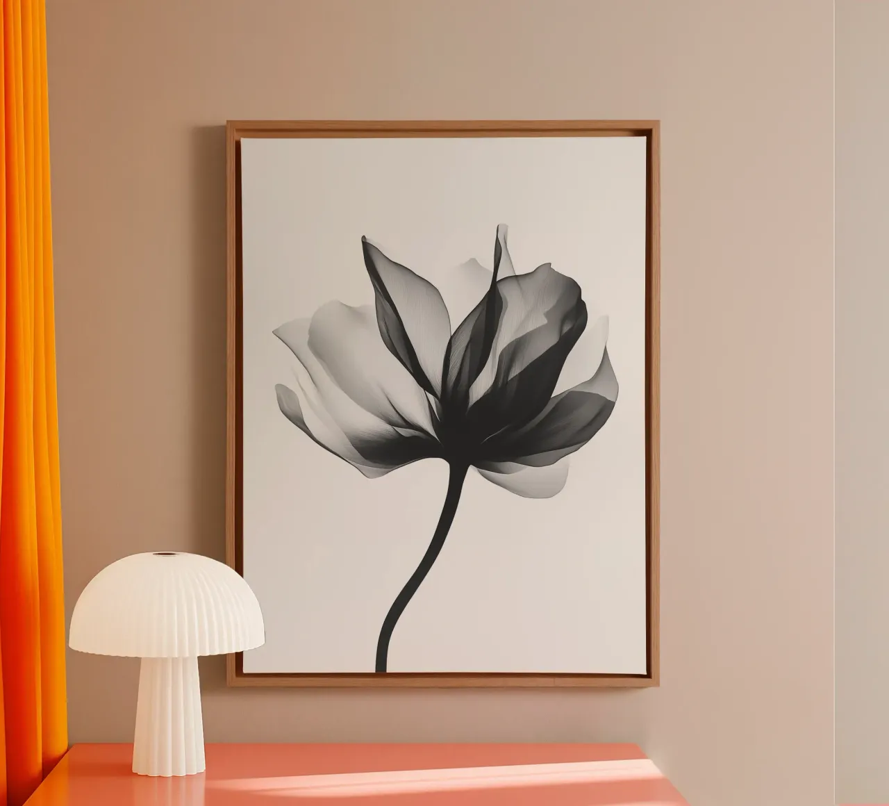 Minimalistische bloesem, Scandinavisch zwart-wit canvas met Baklijst van Katja Stehle Design