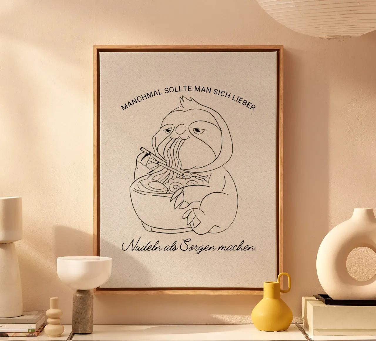 MANCHMAL SOLLTE MAN SICH LIEBER Nudeln als Sorgen machen Leinwand mit Schattenfugenrahmen von ArtDesign by KBK