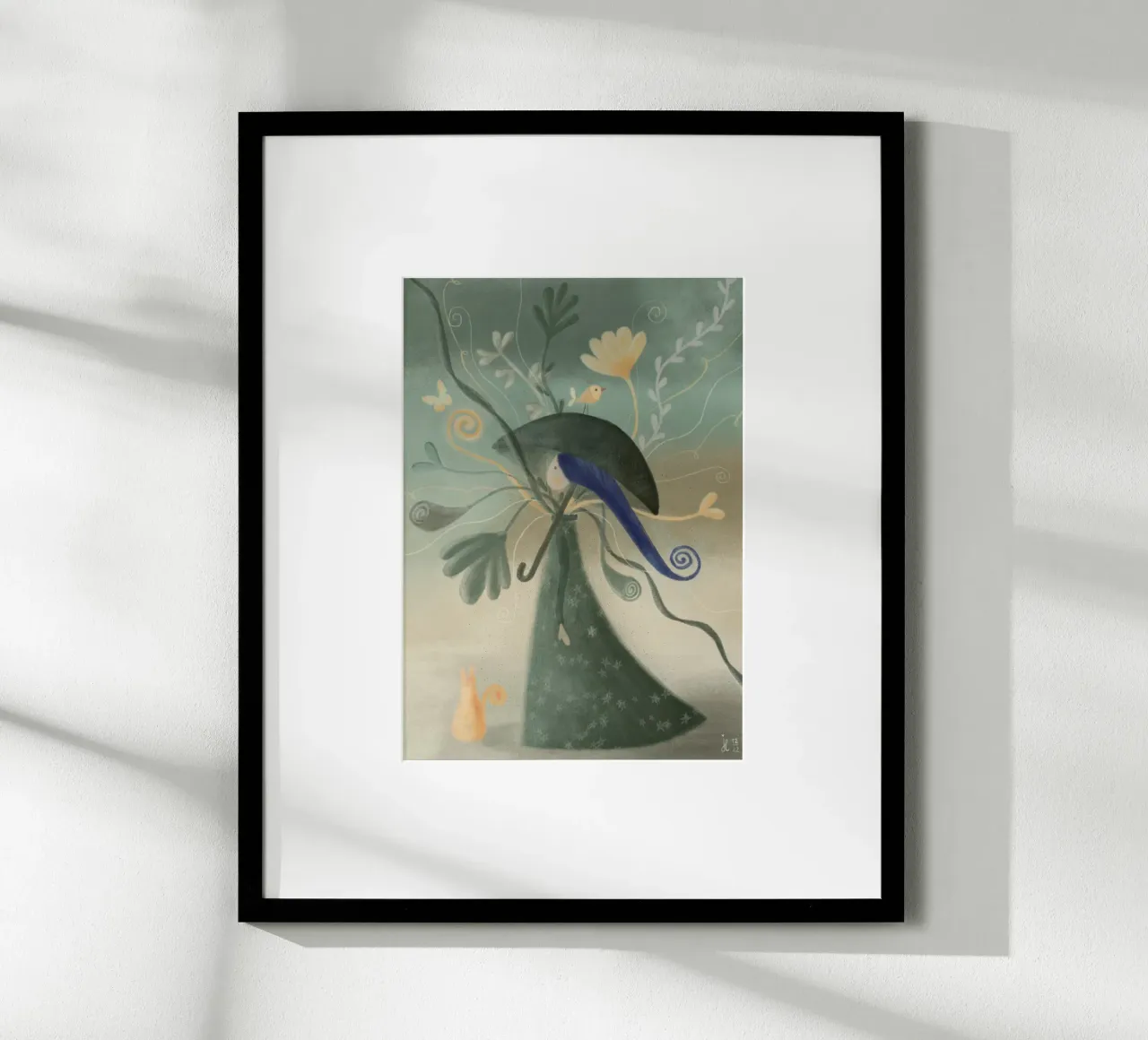 PASSEGGIATA FLOREALE CON GATTO poster con telaio in plastica da Inge Hauser Illustration