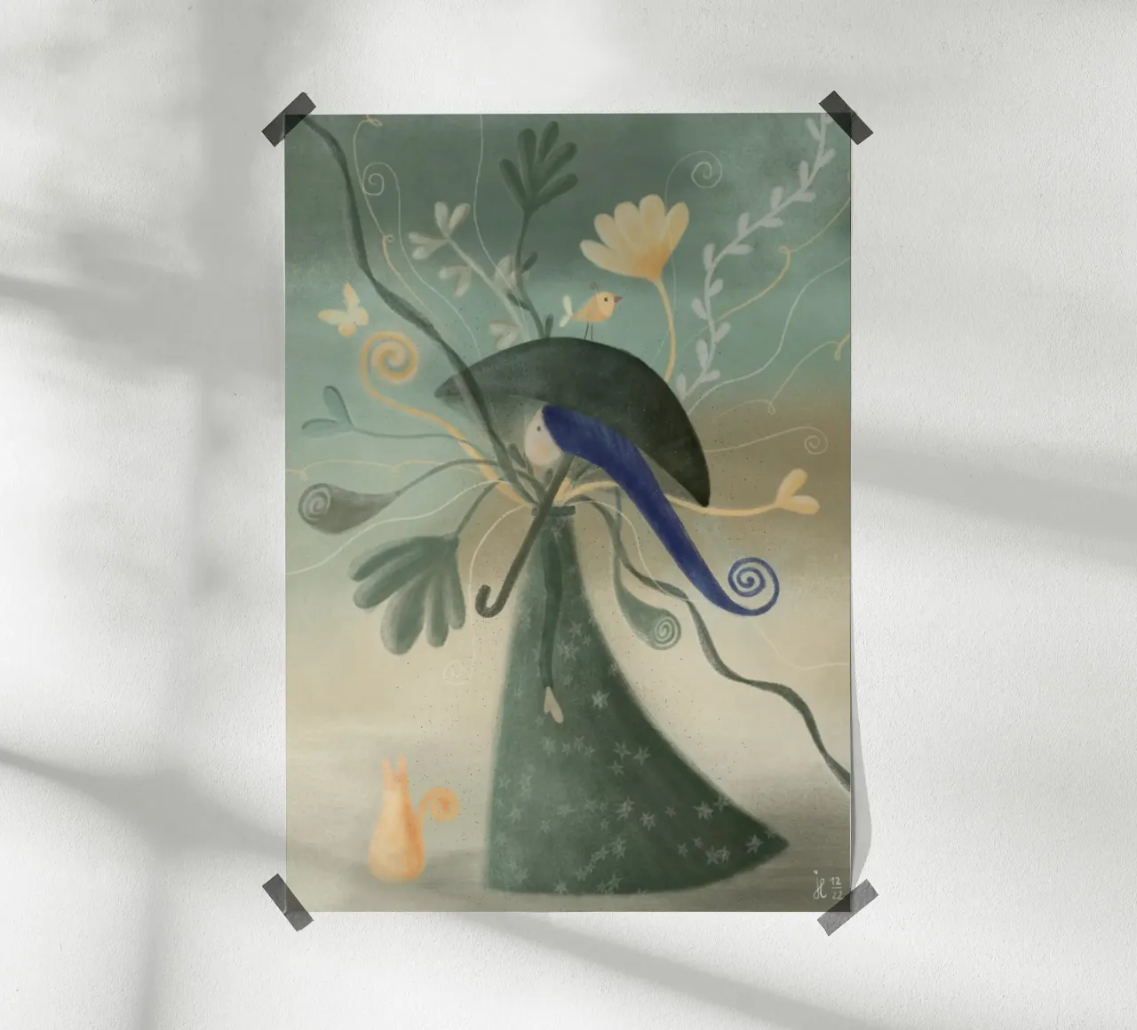 PASSEGGIATA FLOREALE CON GATTO poster con telaio in plastica da Inge Hauser Illustration