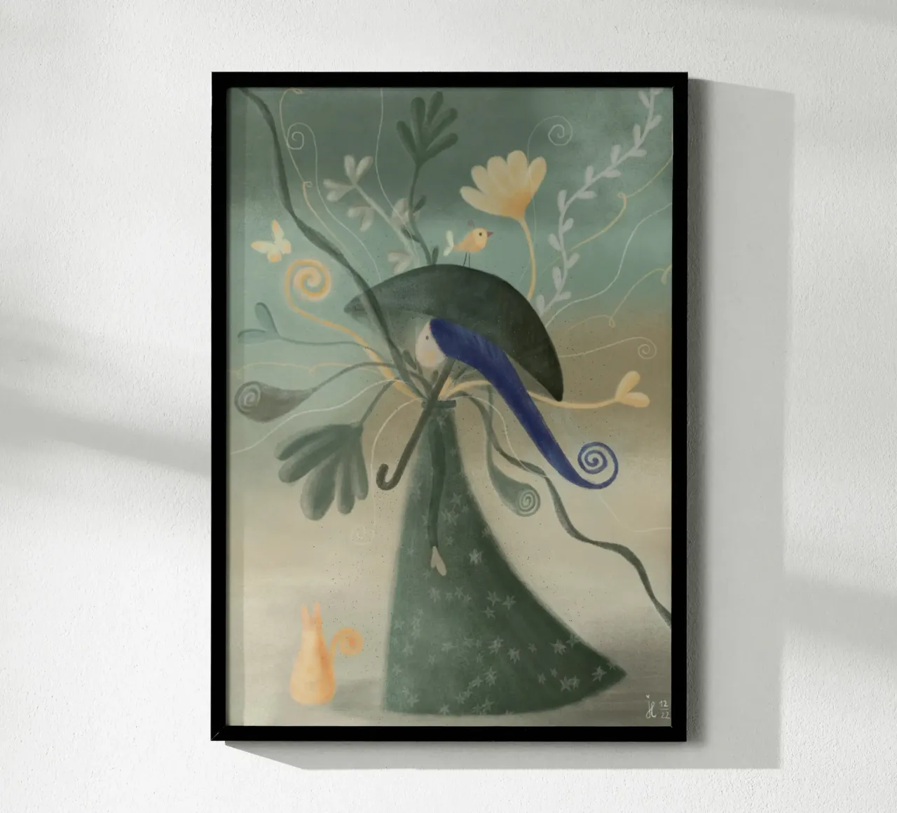 PASSEGGIATA FLOREALE CON GATTO poster con telaio in plastica da Inge Hauser Illustration