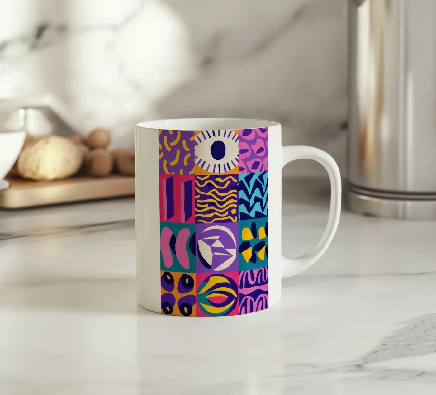 Purple Geometric Patchwork ceramic mug by Bring Hues