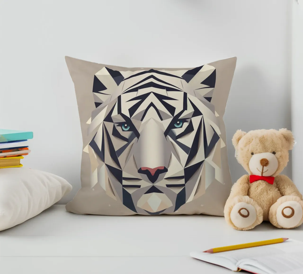 Geometric White Tiger - Strong and Elegant Art decorative cushion by namosh