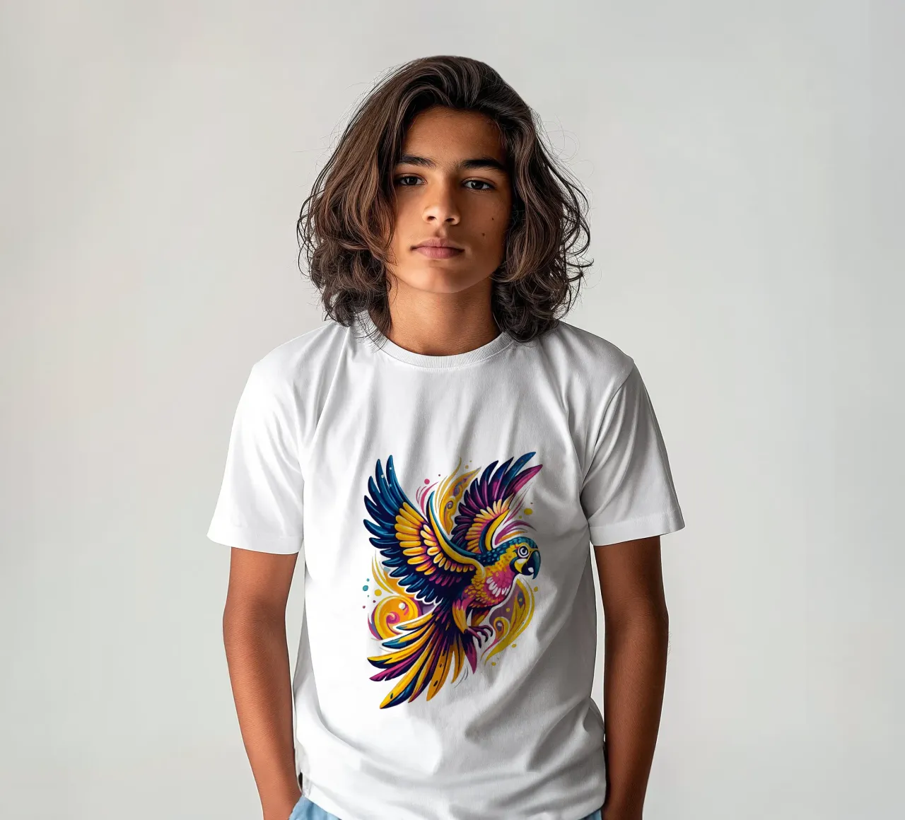 Illustrazione di pappagalli vivaci - Tropicale dinamico e colorato t-shirt bambini da Artnesia