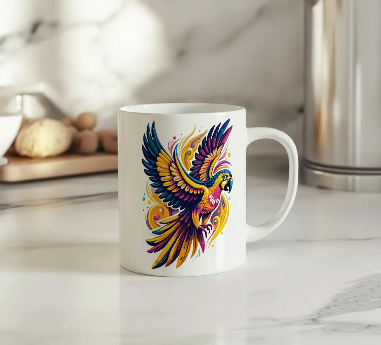 Illustrazione di pappagalli vivaci - Tropicale dinamico e colorato tazza in ceramica da Artnesia