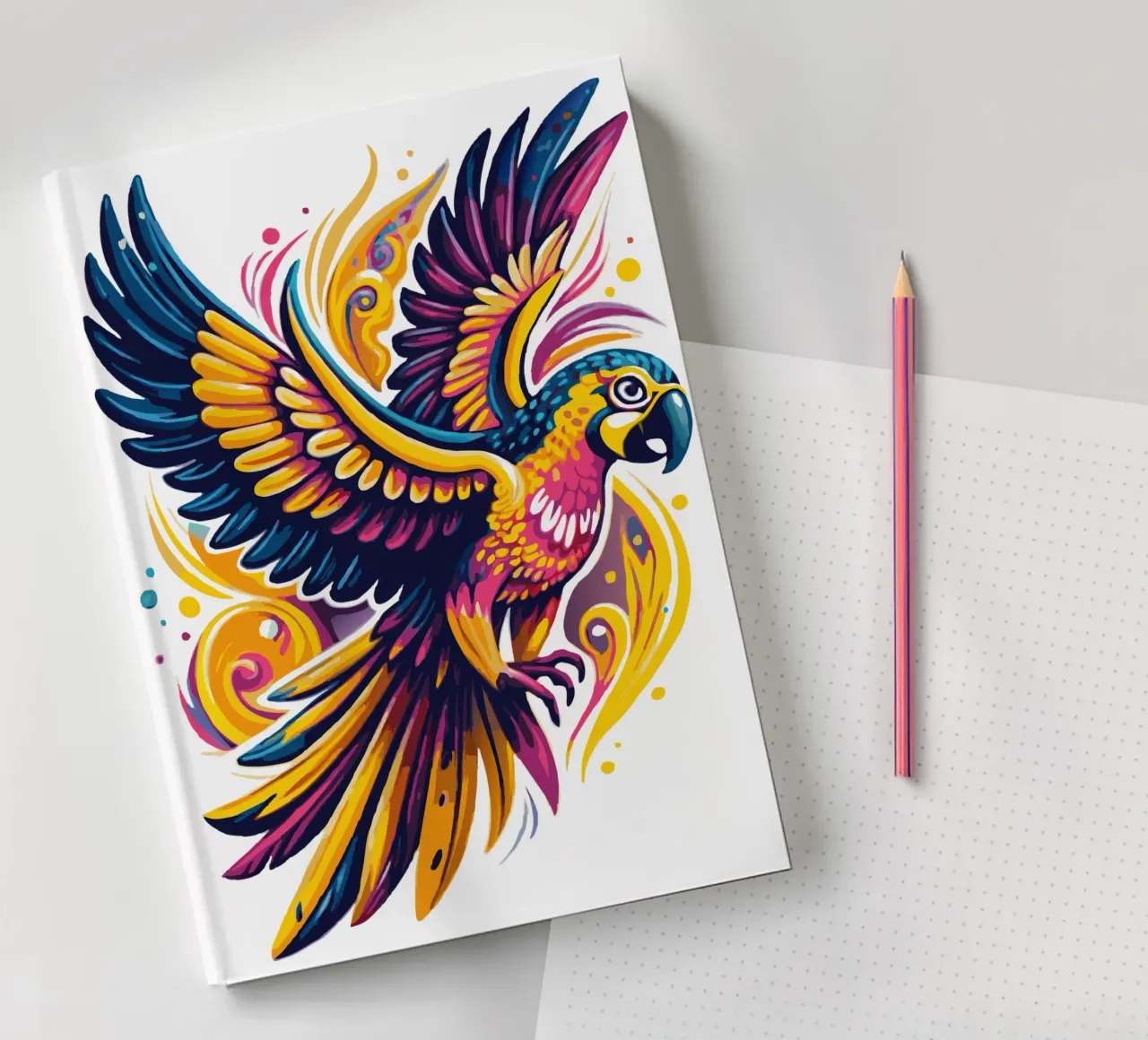 Vibrant Parrot Illustration - Dynamic and Colorful Tropical notebook by Artnesia