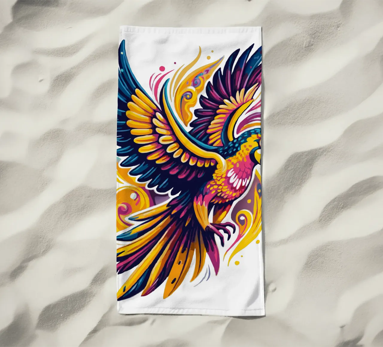 Illustrazione di pappagalli vivaci - Tropicale dinamico e colorato telo mare da Artnesia