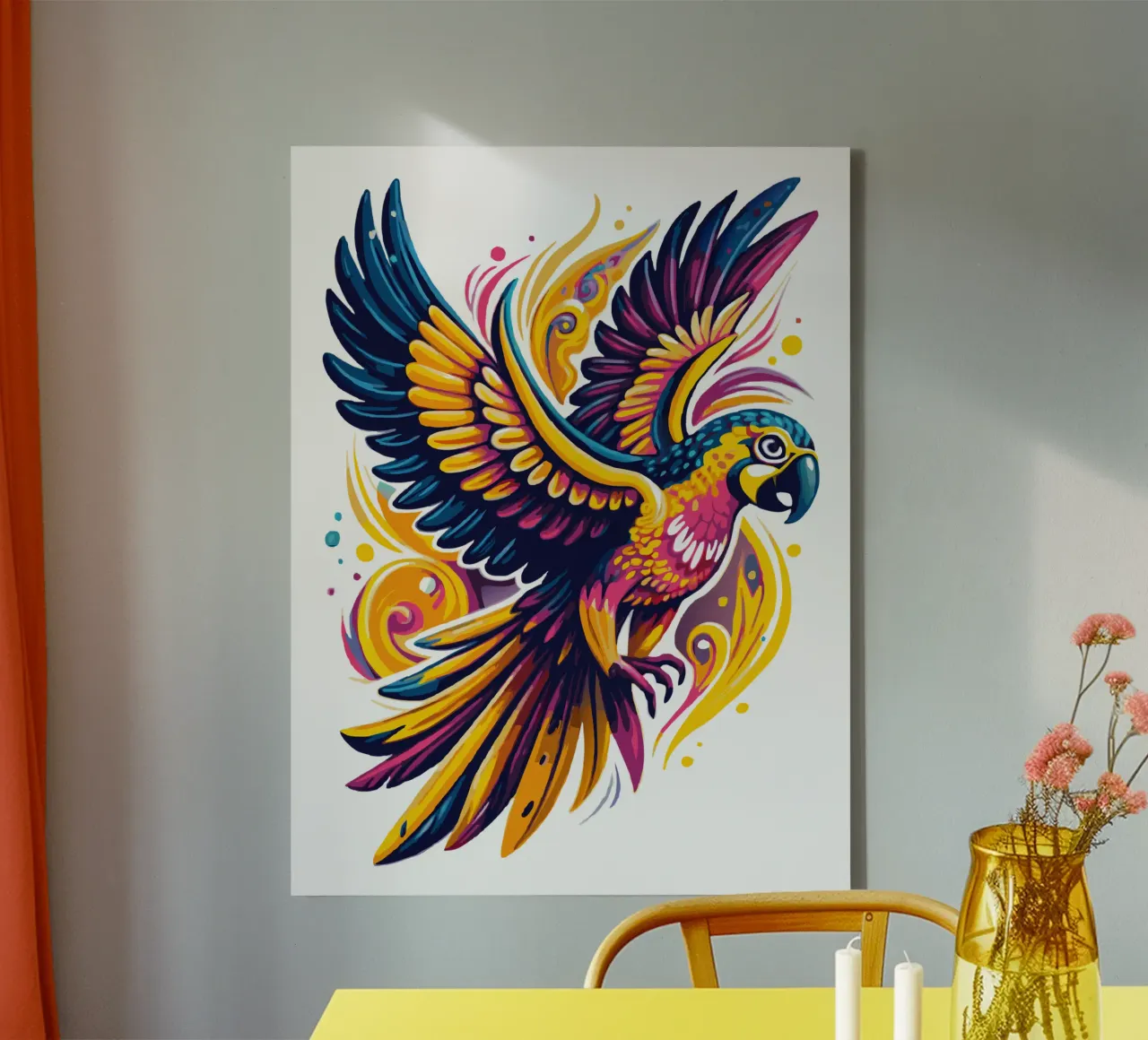 Vibrant Parrot Illustration - Dynamic and Colorful Tropical canvas with Floater frame by Artnesia