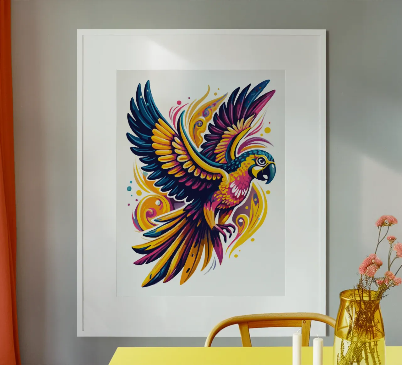 Illustrazione di pappagalli vivaci - Tropicale dinamico e colorato poster con telaio in alluminio da Artnesia
