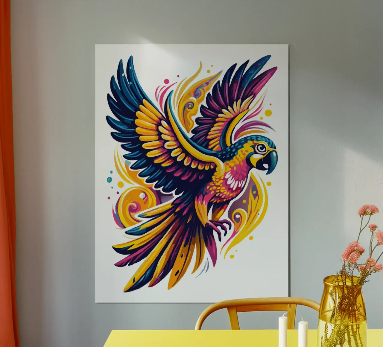Illustrazione di pappagalli vivaci - Tropicale dinamico e colorato poster con telaio in alluminio da Artnesia