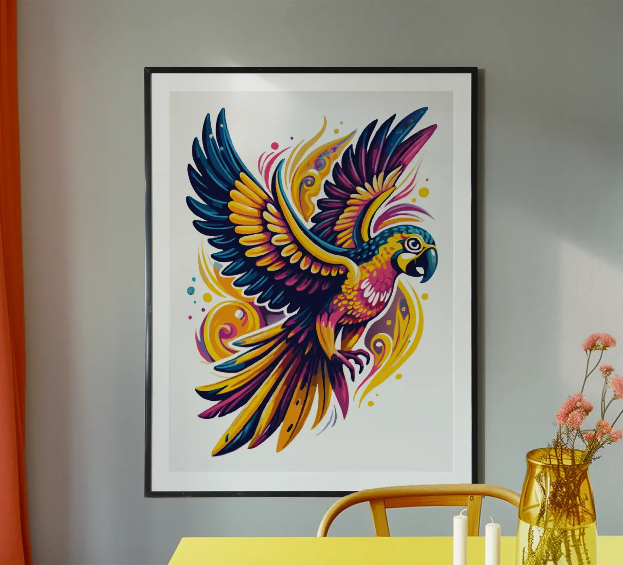 Illustrazione di pappagalli vivaci - Tropicale dinamico e colorato poster con telaio in alluminio da Artnesia