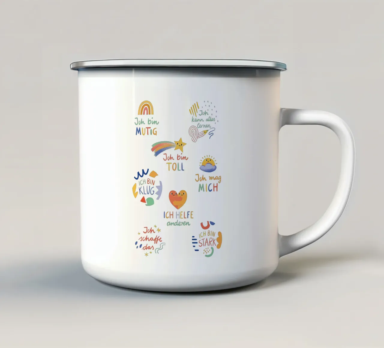 Affirmationen taza de esmalte de VIERUNDFÜNFZIG