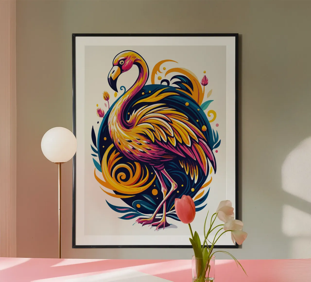 Illustrazione di fenicottero colorato - Uccello vivace e tropicale poster con telaio in legno da Artnesia