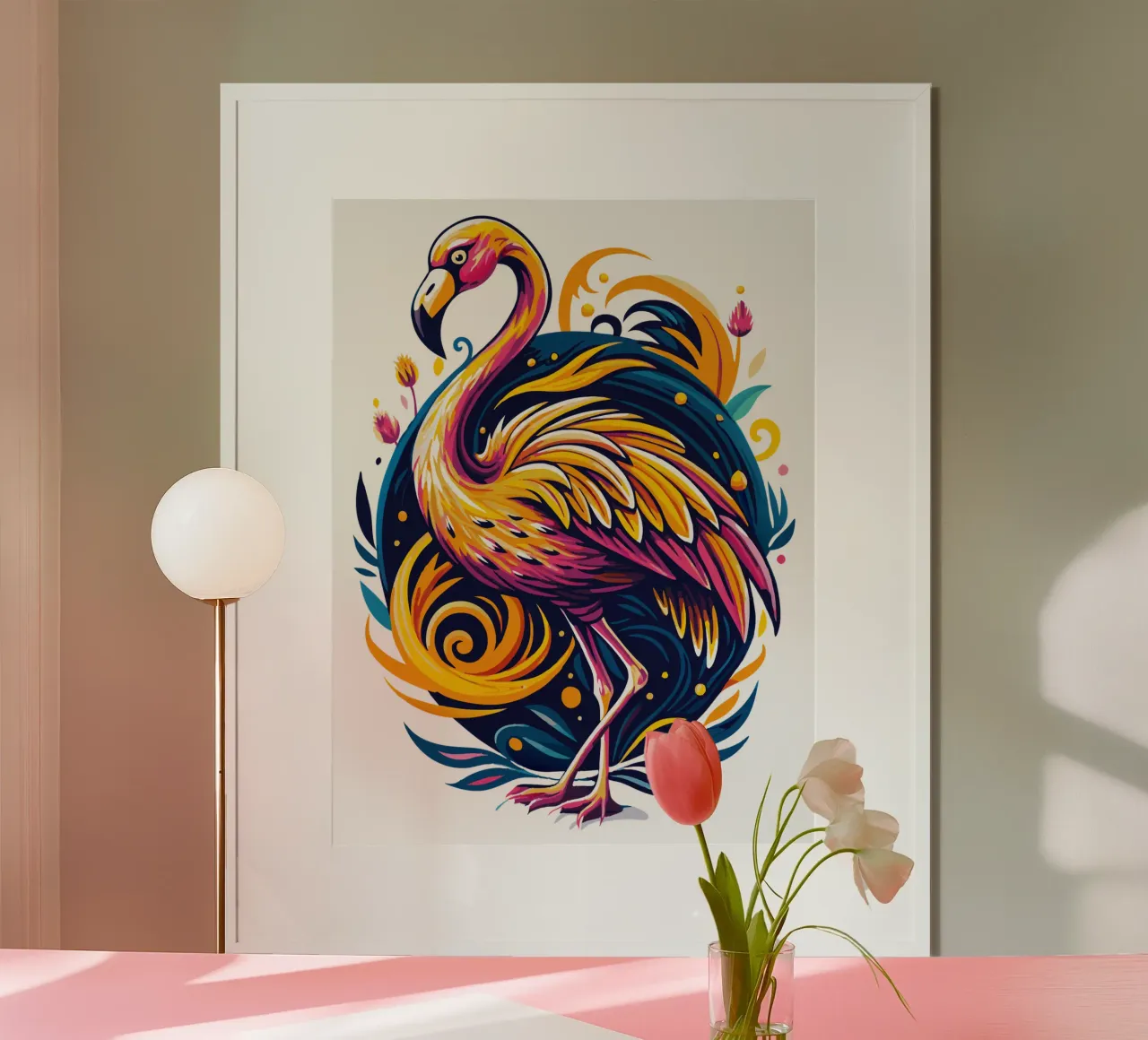 Illustrazione di fenicottero colorato - Uccello vivace e tropicale poster con telaio in legno da Artnesia