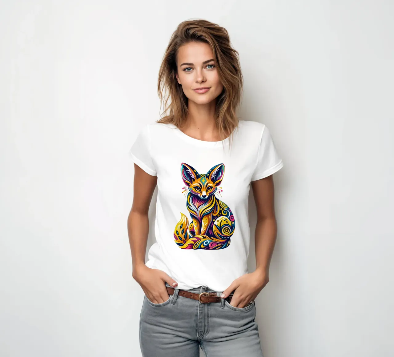 Vibrant Fennec Fox Illustration - Colorful and Whimsical Des women's fitted t-shirt by Artnesia