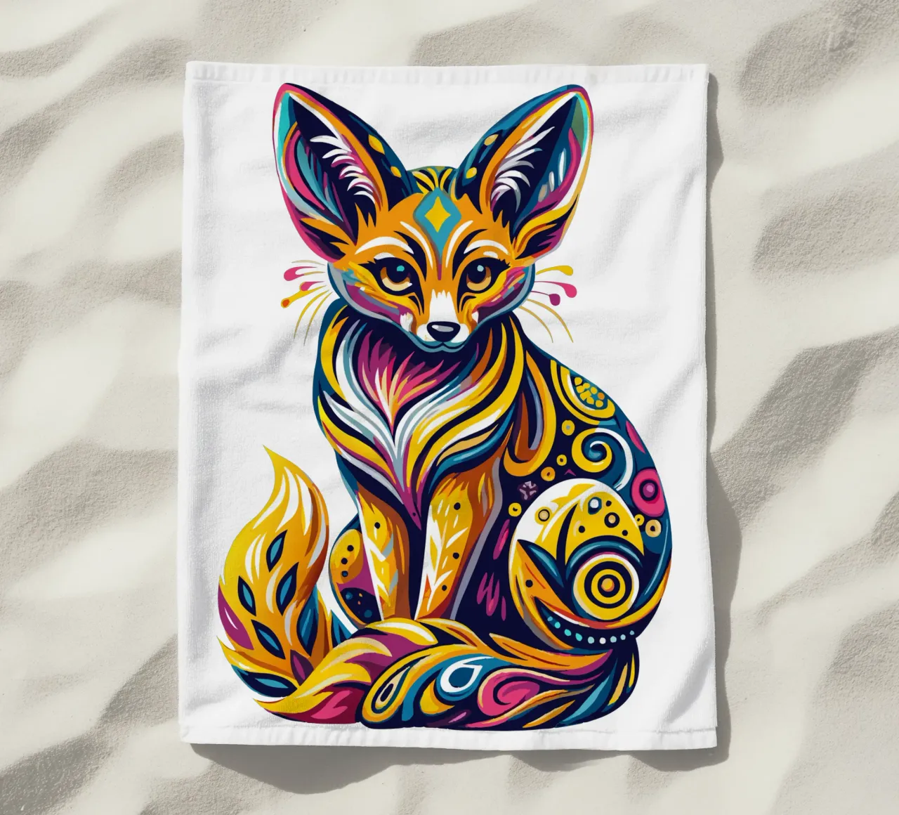 Illustrazione vibrante di una volpe Fennec - Colorata e stravagante Des telo mare da Artnesia