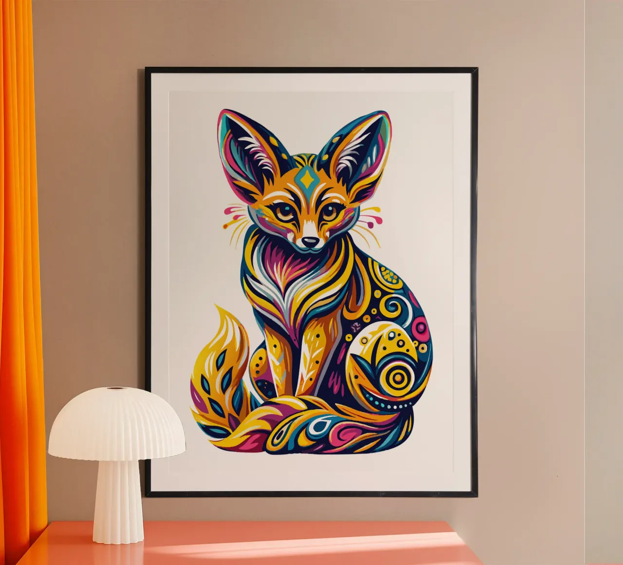 Illustrazione vibrante di una volpe Fennec - Colorata e stravagante Des carta hahnemühle da Artnesia