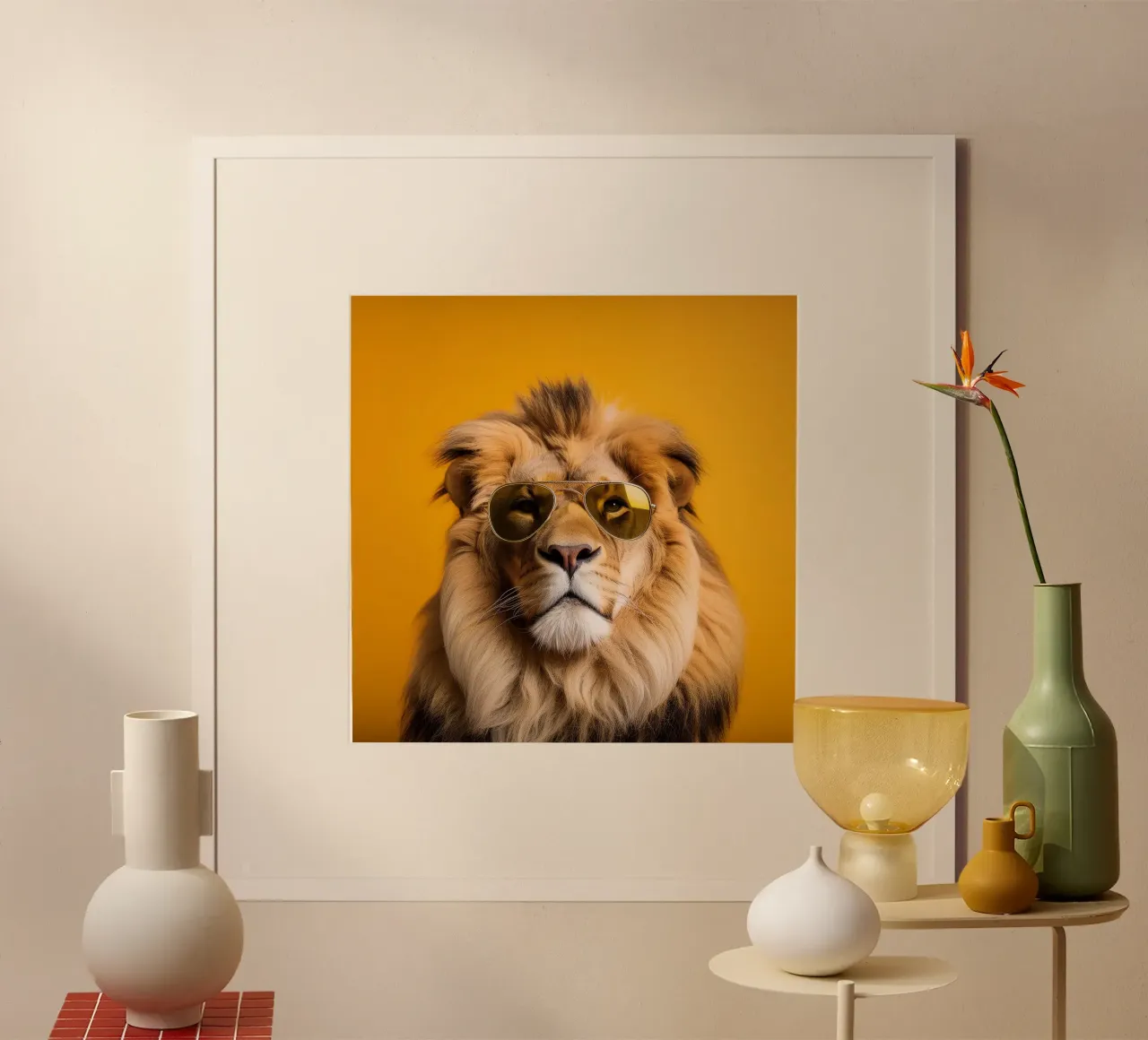 León majestuoso con gafas de sol de aviador - Cool and Quirky Anim hahnemühle de FlexiDesignsByK