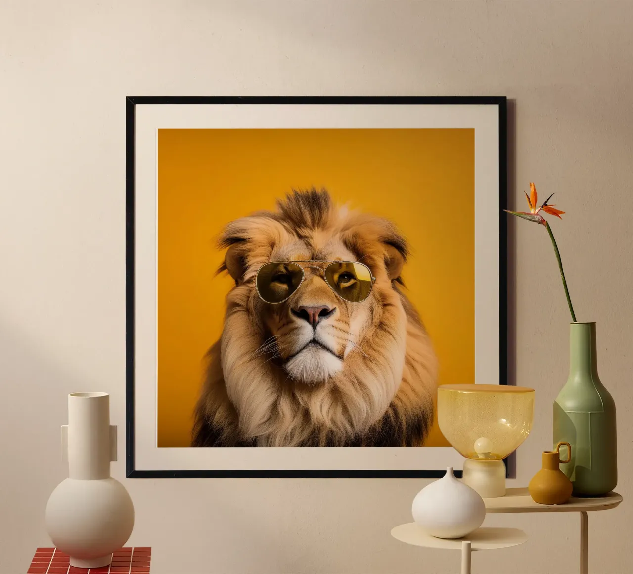 León majestuoso con gafas de sol de aviador - Cool and Quirky Anim hahnemühle de FlexiDesignsByK