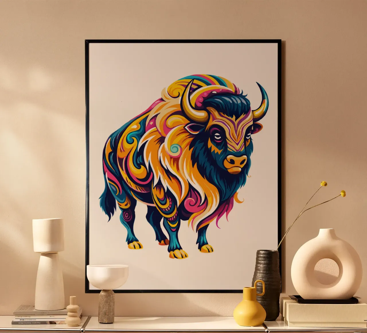 Illustrazione vibrante di bisonte - Arte della fauna selvatica audace e colorata poster con telaio in legno da Artnesia