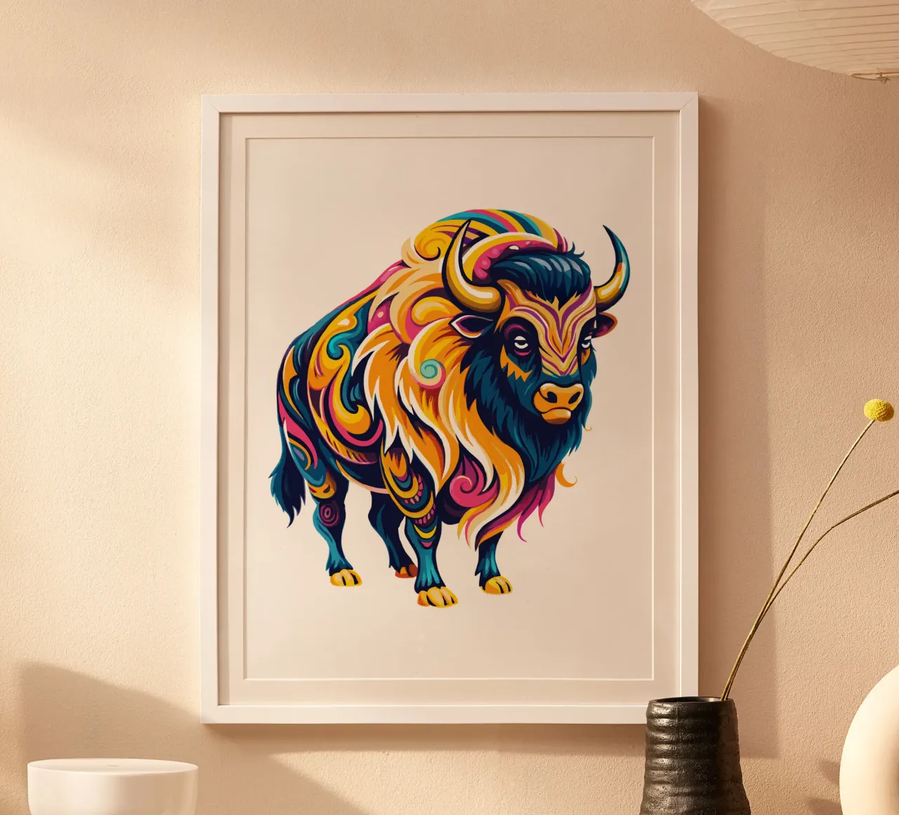 Illustrazione vibrante di bisonte - Arte della fauna selvatica audace e colorata poster con telaio in legno da Artnesia