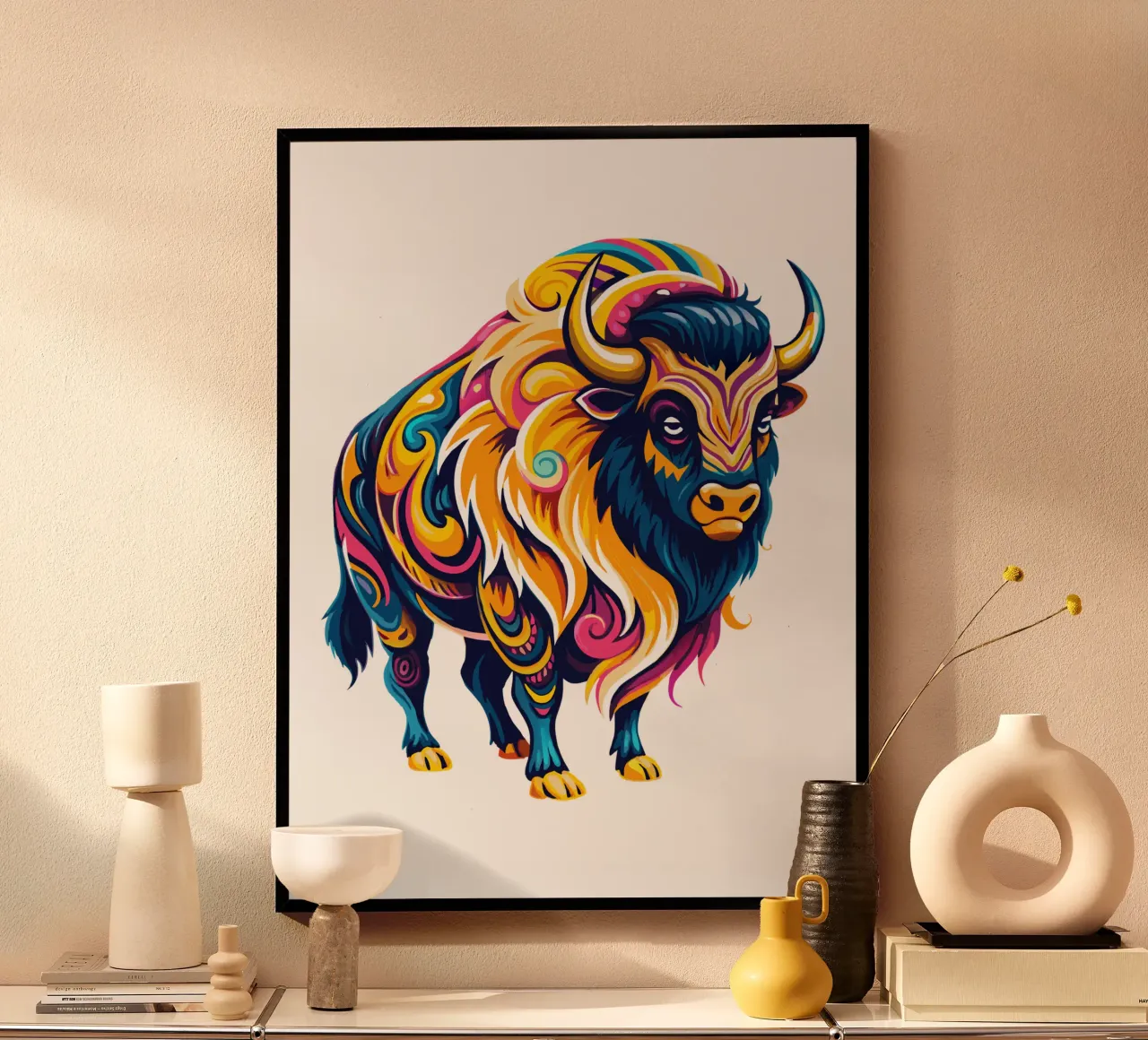 Illustrazione vibrante di bisonte - Arte della fauna selvatica audace e colorata poster con telaio in legno da Artnesia