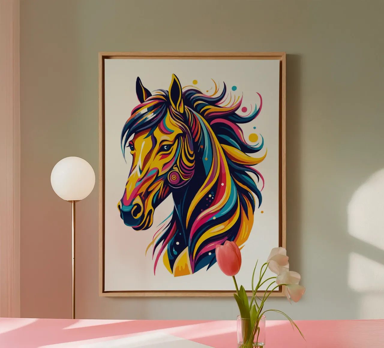 Illustrazione di cavalli vivaci - Arte equina audace e colorata tela con Cornice a cassetta da Artnesia