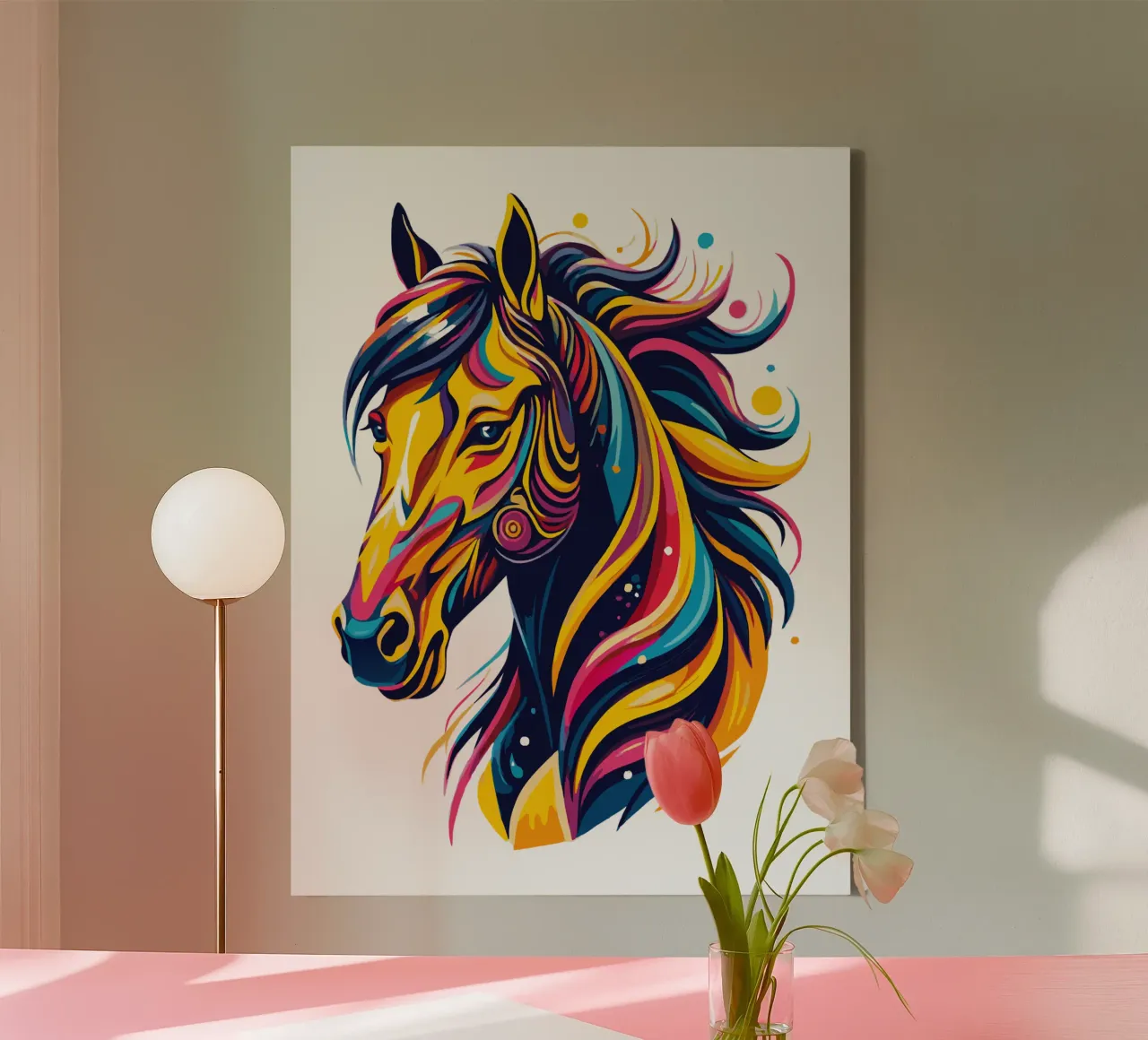 Illustrazione di cavalli vivaci - Arte equina audace e colorata tela con Cornice a cassetta da Artnesia
