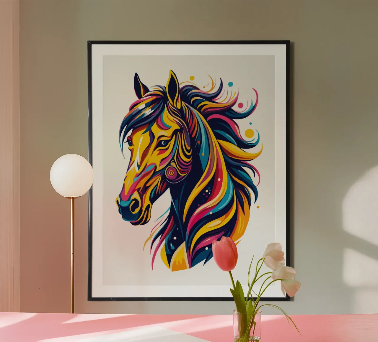 Illustrazione di cavalli vivaci - Arte equina audace e colorata poster con telaio in alluminio da Artnesia