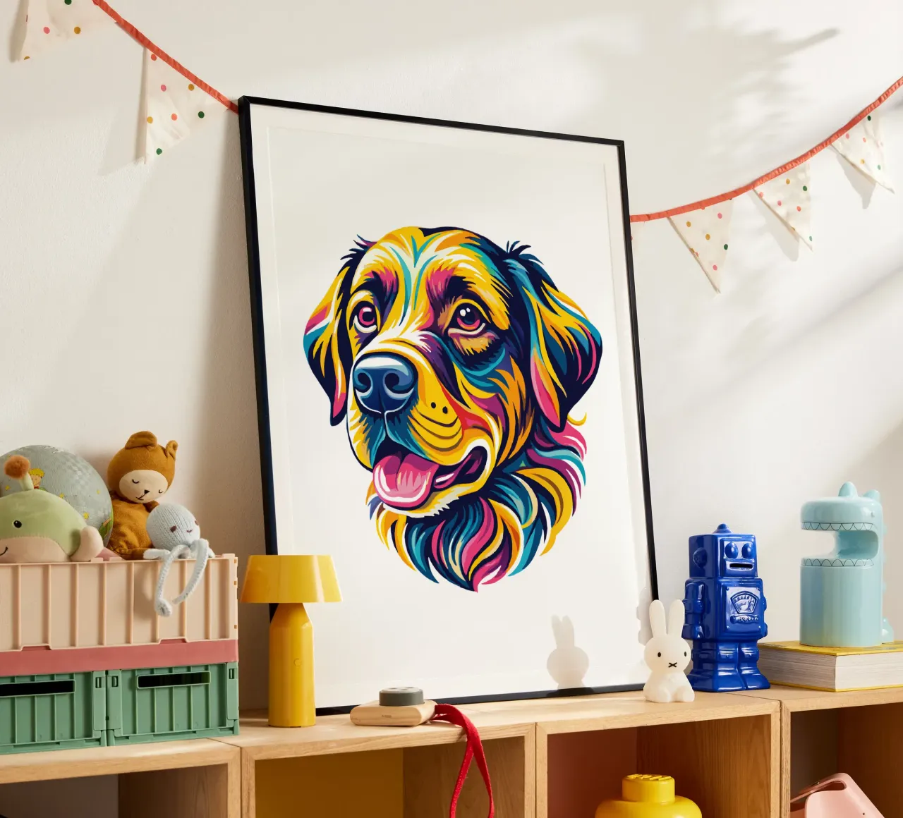Illustrazione di ritratto di cane vivace - Animale domestico colorato e giocoso poster con telaio in legno da Artnesia